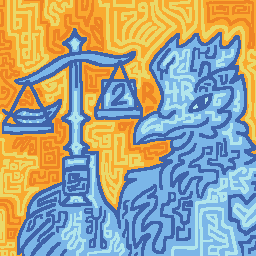 My fursona, Borbo, holding a scale that conjures imagery of Anubis weighing souls against a feather. The letters '2R4R' are hidden amongst patterns.